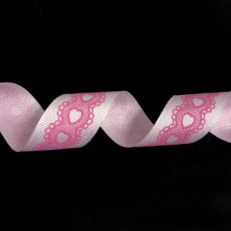 Light pink grosgrain ribbon with pink hearts by metre - width 26 mm