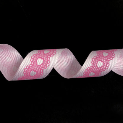 Light pink grosgrain ribbon with pink hearts by metre - width 26 mm