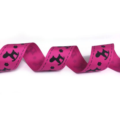 Pink grosgrain ribbon with black stitches flowers and rocking horses by metre - width 25 mm