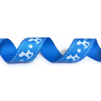 Blue grosgrain ribbon with white stitches flowers and rocking horses by metre - width 25 mm