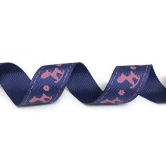 Navy blue grosgrain ribbon with pink stitches flowers and rocking horses by metre - width 25 mm