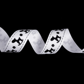 White grosgrain ribbon with black stitches flowers and rocking horses by metre - width 25 mm
