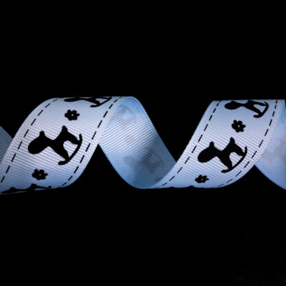 Light blue grosgrain ribbon with black stitches flowers and rocking horses by metre - width 25 mm
