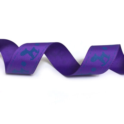 Purple grosgrain ribbon with blue stitches flowers and rocking horses by metre - width 25 mm