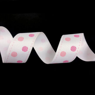 White grosgrain ribbon with pink balls and stitches edges by metre - width 25 mm