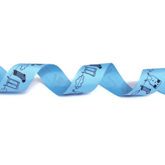 Greenish blue cotton ribbon with black clouds and clothes hung on line by metre - width 26 mm