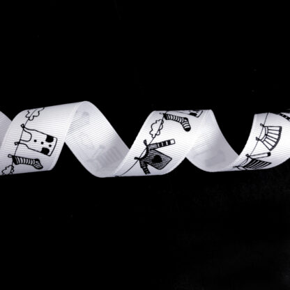 White grosgrain ribbon with black clouds and clothes hung on line by metre – width 26 mm