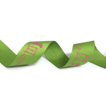 Yellowish green grosgrain ribbon with pink clouds and clothes hung on line by metre – width 26 mm