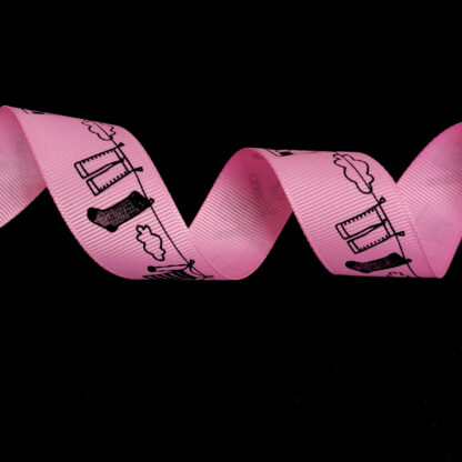 Light pink grosgrain ribbon with black clouds and clothes hung on line by metre – width 26 mm