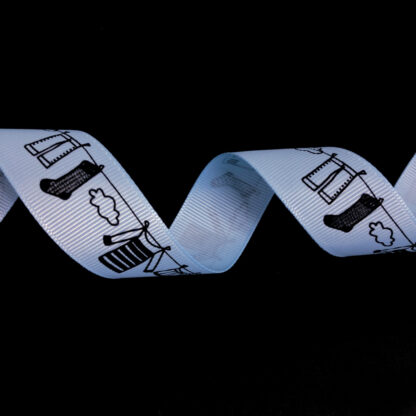 Light blue grosgrain ribbon with black clouds and clothes hung on line by metre - width 26 mm