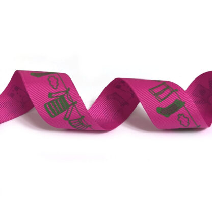 Pink grosgrain ribbon with green clouds and clothes hung on line by metre - width 26 mm