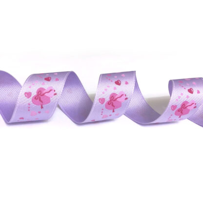 Light purple grosgrain ribbon with pink hearts and stars by metre - width 26 mm