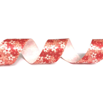 Reddish pink satin ribbon with red white pink flowers by metre - width 25 mm