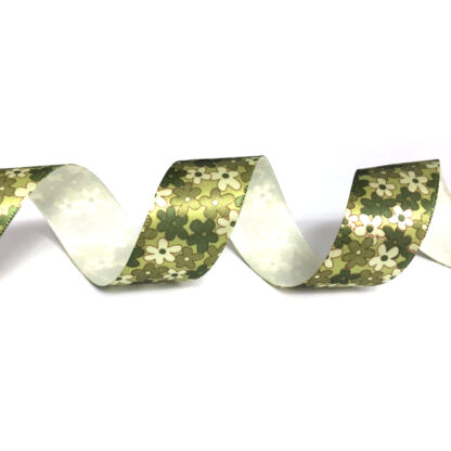 Light green satin ribbon with white and green flowers by metre - width 25 mm
