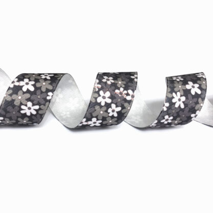 Black grosgrain ribbon with white and grey flowers by metre - width 25 mm