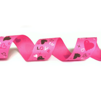 Pink grosgrain ribbon with word LOVE black white hearts - width 25 mm