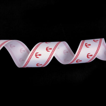 White grosgrain ribbon with red anchors and ropes by metre - width 25 mm