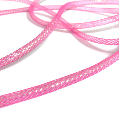 Flexible pink mesh tube with glittery green strips by metre - diametre 8 mm
