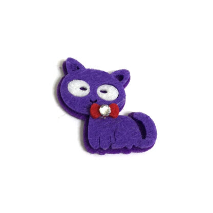 Purple cat with white eyes and clear rhinestone red bow felt decoration by piece - size 43 x 50 mm