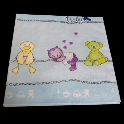 Yellow bird purple cat and green bear Baby blue and white paper napkin for decoupage by piece - size 330 mm