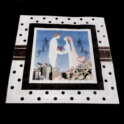 Colourful presents and balloon blue and white wedding with black and brown frame and polka dots paper napkin for decoupage by piece - size 330 mm