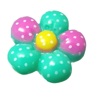 Flat-back green yellow and pink plastic flower cabochons by piece - size 19 mm