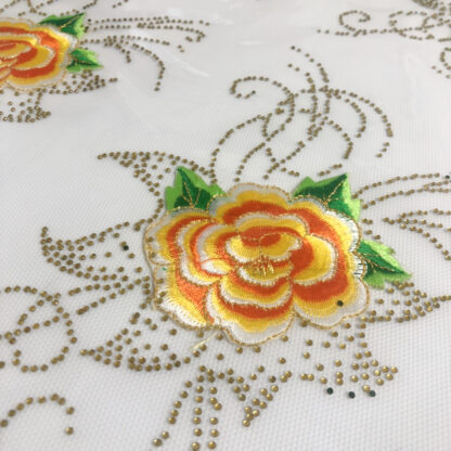 White yellow orange and golden embroidered flower and rhinestones iron-on decoration - size 135 x 205 mm