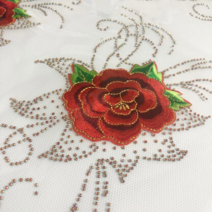 Red brown golden and green embroidered flower and pink rhinestones iron-on decoration - size 135 x 205 mm