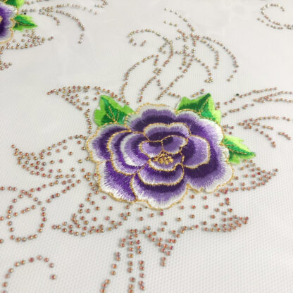 White green purple and golden embroidered flower and pink rhinestones iron-on decoration - size 135 x 205 mm
