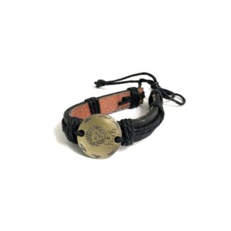 Black leather and round golden metal Leo sign bracelet - width 12 mm