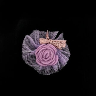 Bluish pink felt flower and orange ribbon bow on light purple net decoration - diametre 65 mm