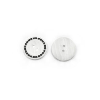 Two-hole black edge round white plastic button - diametre 25 mm