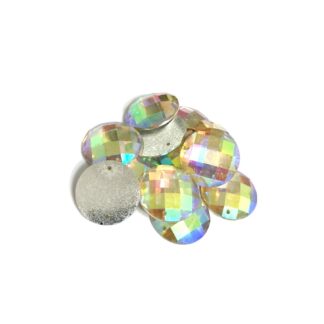 Faceted round silvery flat-back iridescent yellow sew-on rhinestones - diametre 18 mm - 5 pieces