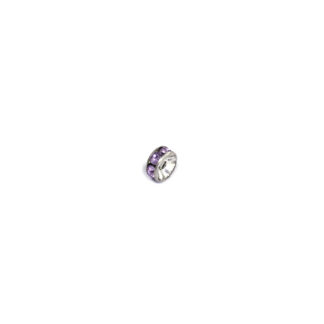 Flat round silvery metal spacer bead with violet rhinestone - size 8 mm