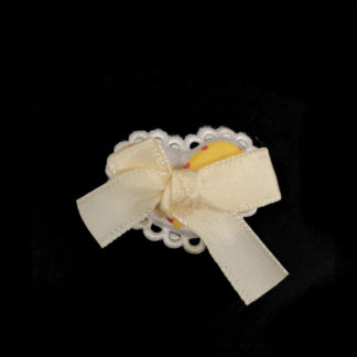 Pink polka dots yellow heart on white with cream satin ribbon bow decoration - size 40 x 45 mm