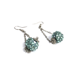 Green rhinestones ball silvery metal chain earrings - size 16 x 60 mm