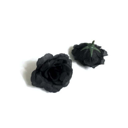 Black fabric rose with green plastic sepals - size 70 mm