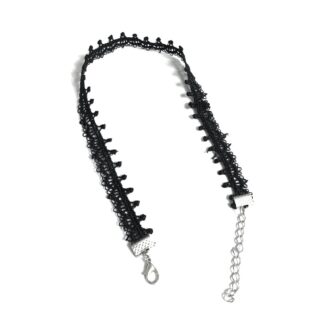 Silvery metal chain and clasp ends black lace choker - size 14 x 380 mm
