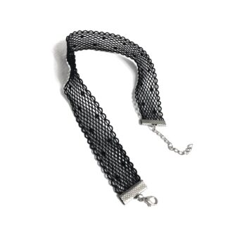 Silvery metal chain and clasp ends black lace choker - size 20 x 370 mm