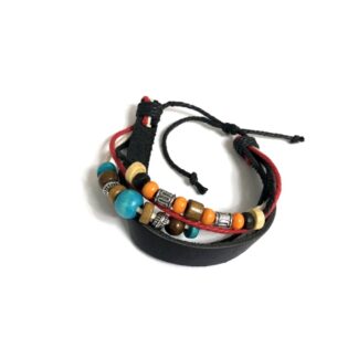 Colourful metal and wooden beads black leather bracelet - width 10 mm