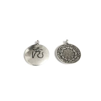 Silvery metal Tibetan letter round mandala pendants - size 23 x 27 mm - 2 pieces