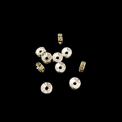 Flat round silvery spacer beads with yellow rhinestone - diametre 7.5 mm - 10 pieces