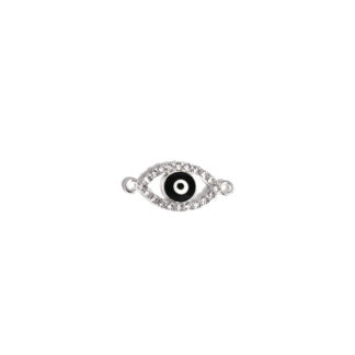 Black white evil eye clear rhinestones silvery metal connector - size 10 x 22 mm