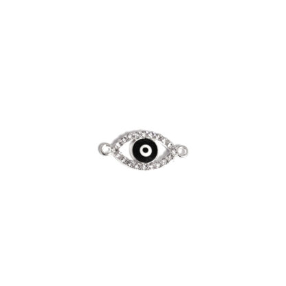 Black white evil eye clear rhinestones silvery metal connector - size 10 x 22 mm