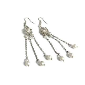 Pearly white beads silvery metal chain earrings - size 13 x 90 mm