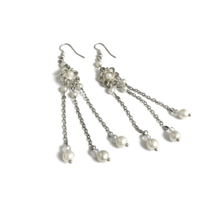 Pearly white beads silvery metal chain earrings - size 13 x 90 mm
