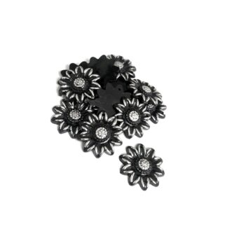 Flat-back silvery and black flower sew-on rhinestones - size 20 mm - approximately 13 pieces