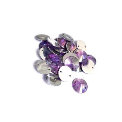 Faceted round flat-back iridescent violet sew-on rhinestones - diametre 12 mm - approximately 26 pieces