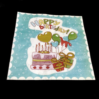 Colourful cake balloons presents and words Happy Birthday! blue and white paper napkin for decoupage by piece - size 330 mm