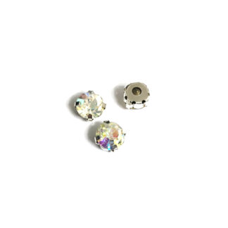 Silvery metal claws cup faceted iridescent sew-on round rhinestones - size 9 mm - 3 pieces